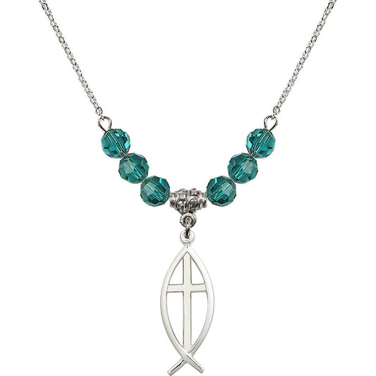Sterling Silver Fish / Cross Birthstone Necklace with Zircon Beads - 4252