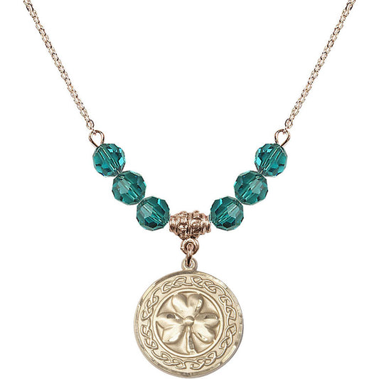 14kt Gold Filled Shamrock w/ Celtic Border Birthstone Necklace with Zircon Beads - 5106