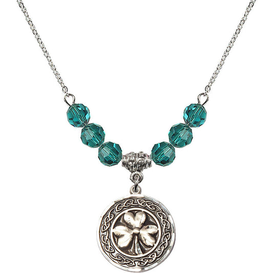 Sterling Silver Shamrock w/ Celtic Border Birthstone Necklace with Zircon Beads - 5106