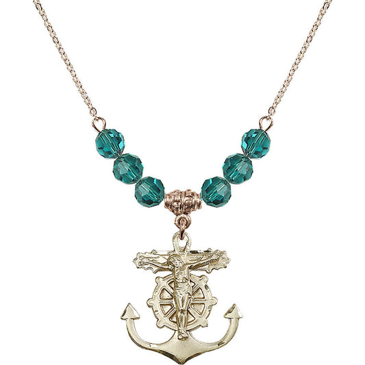 14kt Gold Filled Anchor Crucifix Birthstone Necklace with Zircon Beads - 5685