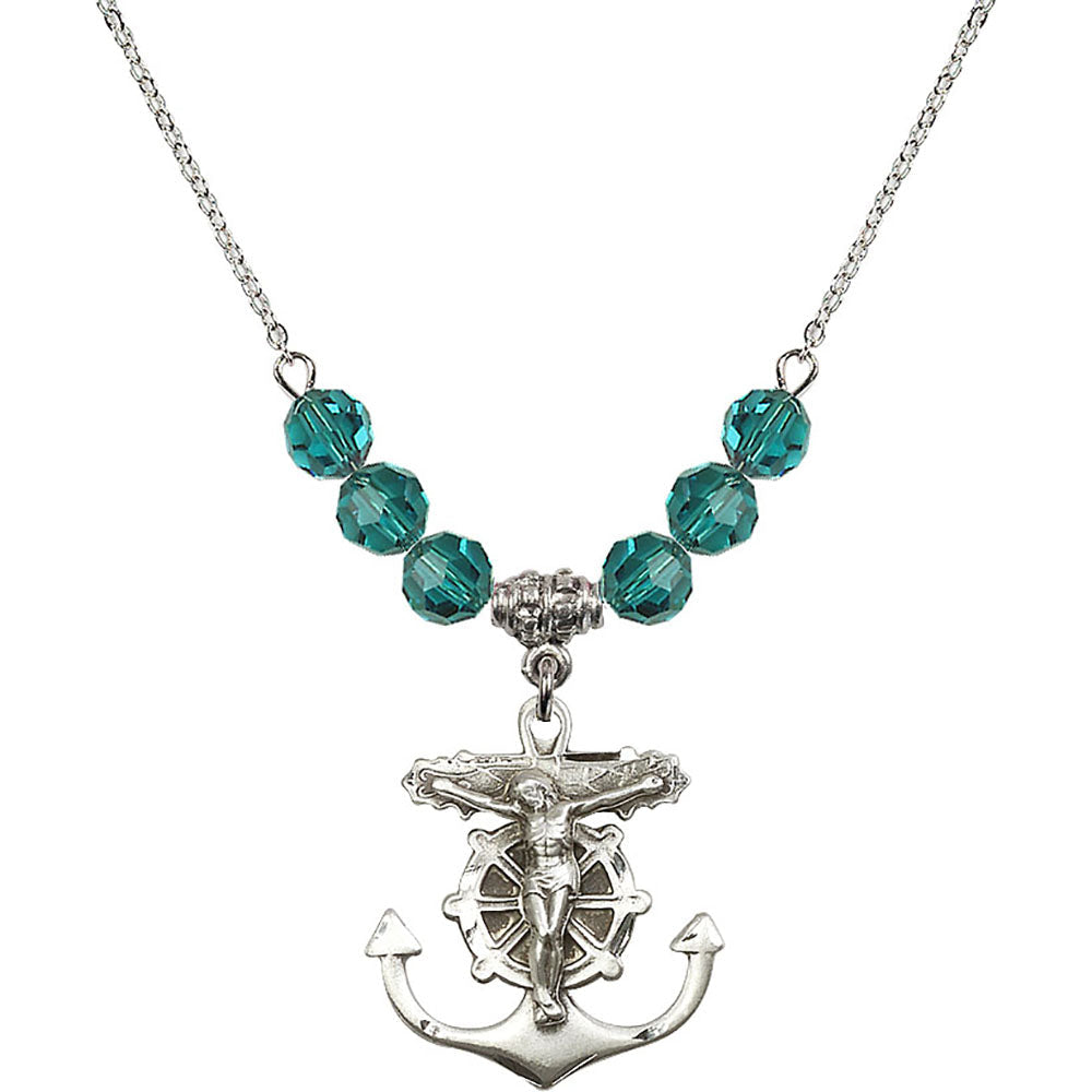 Sterling Silver Anchor Crucifix Birthstone Necklace with Zircon Beads - 5685