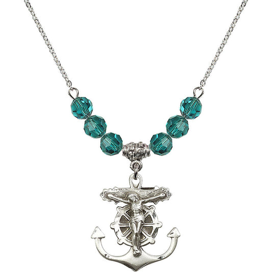 Sterling Silver Anchor Crucifix Birthstone Necklace with Zircon Beads - 5685