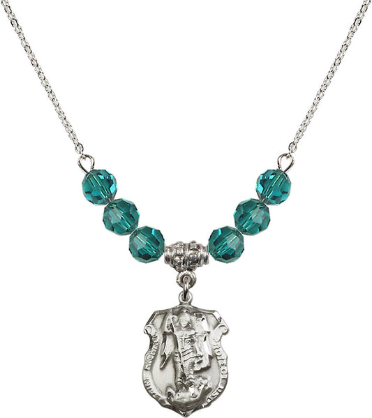 Sterling Silver Saint Michael the Archangel Birthstone Necklace with Zircon Beads - 5692