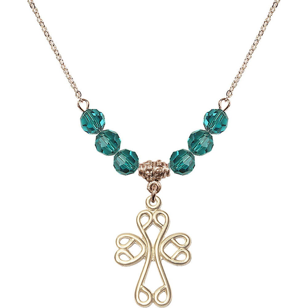 14kt Gold Filled Scroll Cross Birthstone Necklace with Zircon Beads - 5998