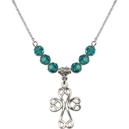 Sterling Silver Scroll Cross Birthstone Necklace with Zircon Beads - 5998