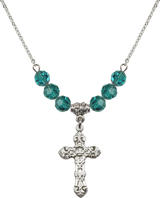 Sterling Silver Cross Birthstone Necklace with Zircon Beads - 6001