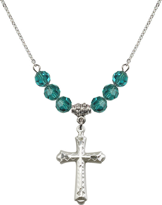 Sterling Silver Cross Birthstone Necklace with Zircon Beads - 6007