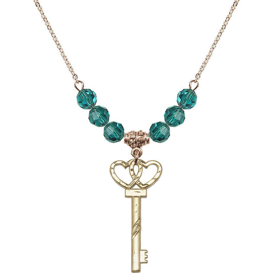 14kt Gold Filled Small Key w/Double Hearts Birthstone Necklace with Zircon Beads - 6213