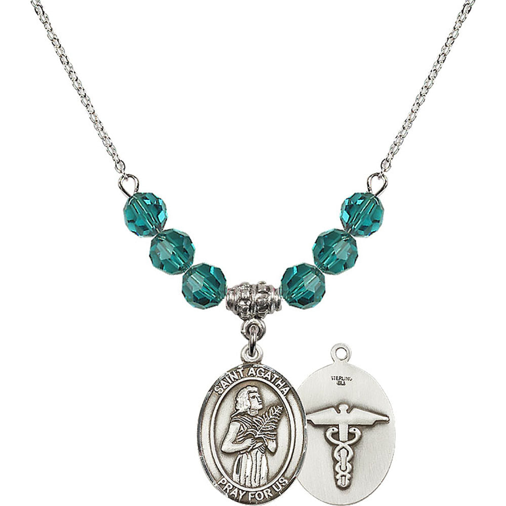 Sterling Silver Saint Agatha / Nurse Birthstone Necklace with Zircon Beads - 8003