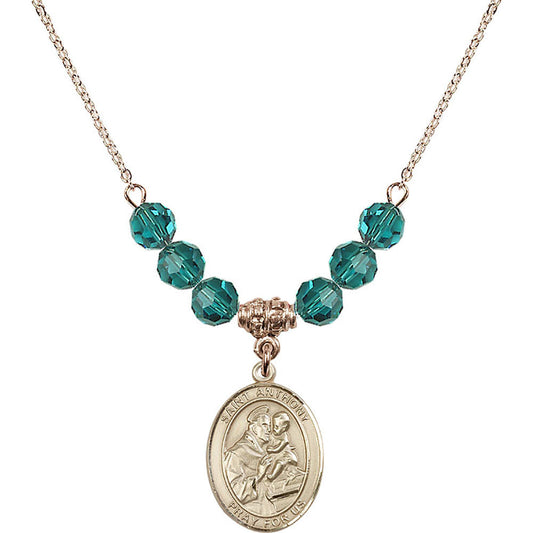 14kt Gold Filled Saint Anthony of Padua Birthstone Necklace with Zircon Beads - 8004