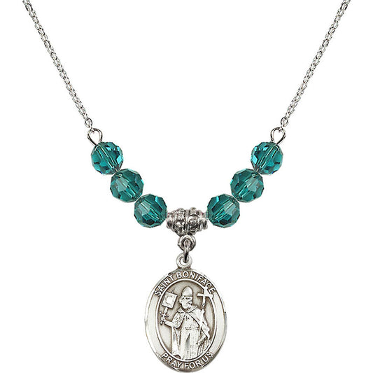Sterling Silver Saint Boniface Birthstone Necklace with Zircon Beads - 8009