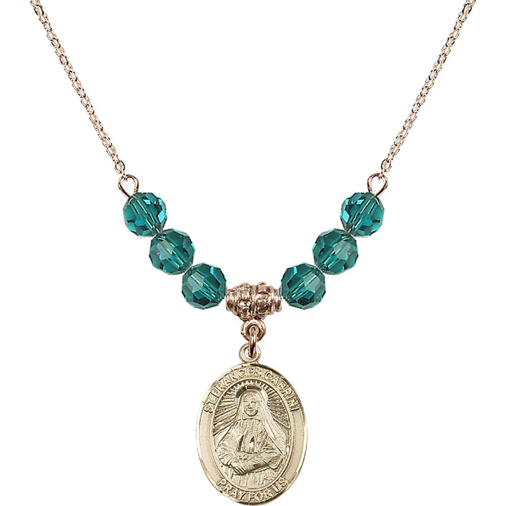 14kt Gold Filled Saint Frances Cabrini Birthstone Necklace with Zircon Beads - 8011