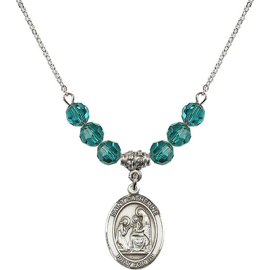 Sterling Silver Saint Catherine of Siena Birthstone Necklace with Zircon Beads - 8014
