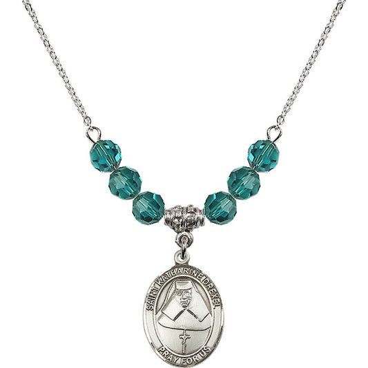 Sterling Silver Saint Katharine Drexel Birthstone Necklace with Zircon Beads - 8015