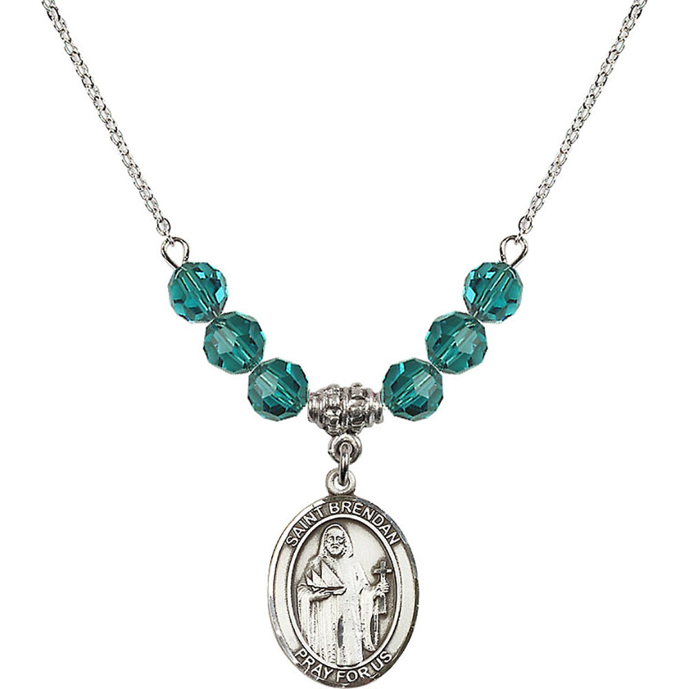 Sterling Silver Saint Brendan the Navigator Birthstone Necklace with Zircon Beads - 8018