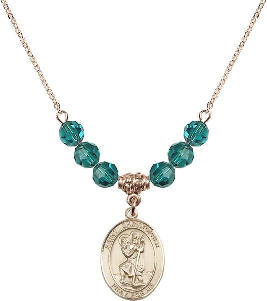 14kt Gold Filled Saint Christopher Birthstone Necklace with Zircon Beads - 8022