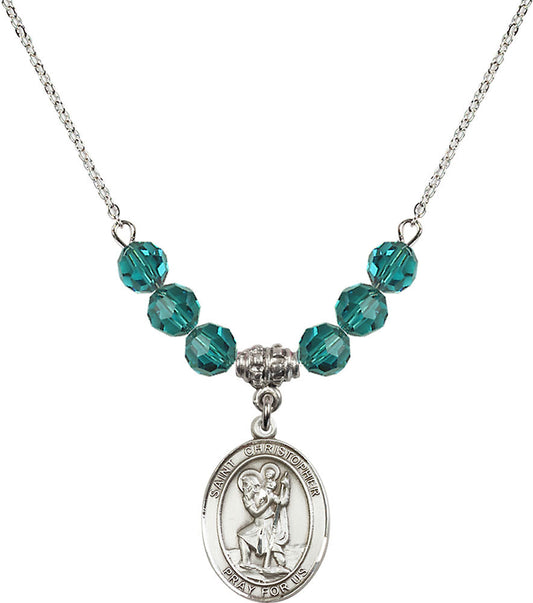 Sterling Silver Saint Christopher Birthstone Necklace with Zircon Beads - 8022