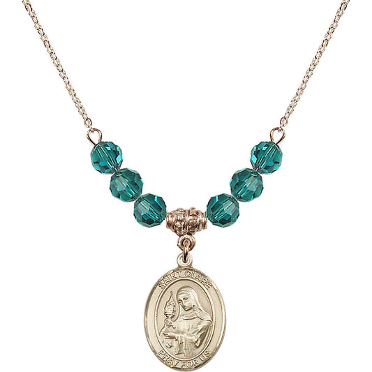 14kt Gold Filled Saint Clare of Assisi Birthstone Necklace with Zircon Beads - 8028