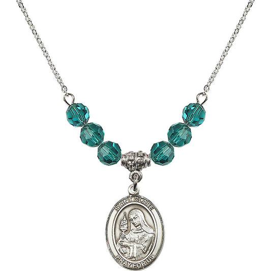 Sterling Silver Saint Clare of Assisi Birthstone Necklace with Zircon Beads - 8028