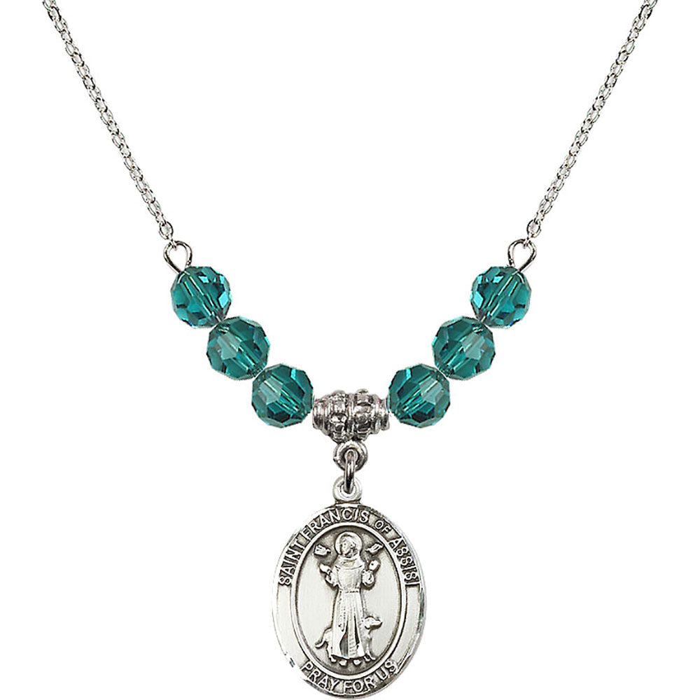Sterling Silver Saint Francis of Assisi Birthstone Necklace with Zircon Beads - 8036