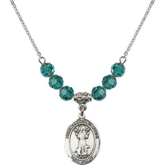 Sterling Silver Saint Francis of Assisi Birthstone Necklace with Zircon Beads - 8036
