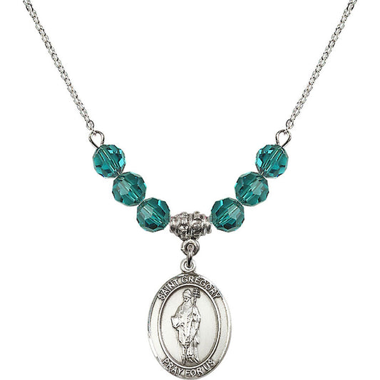 Sterling Silver Saint Gregory the Great Birthstone Necklace with Zircon Beads - 8048