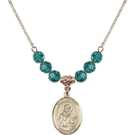 14kt Gold Filled Saint Isidore of Seville Birthstone Necklace with Zircon Beads - 8049