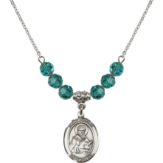 Sterling Silver Saint Isidore of Seville Birthstone Necklace with Zircon Beads - 8049