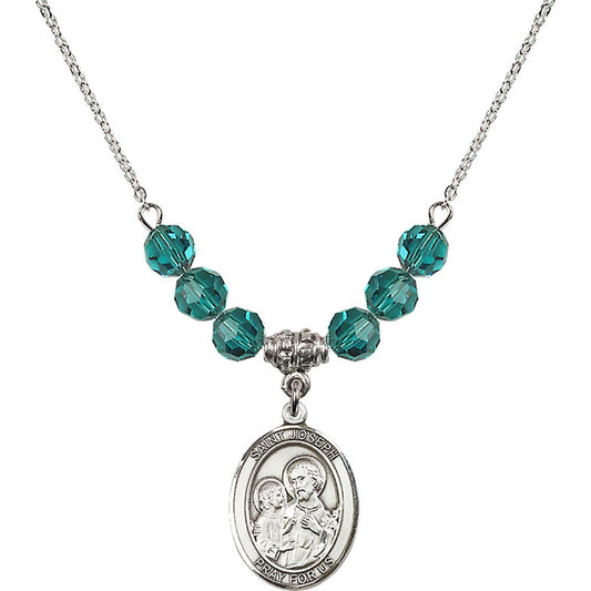 Sterling Silver Saint Joseph Birthstone Necklace with Zircon Beads - 8058