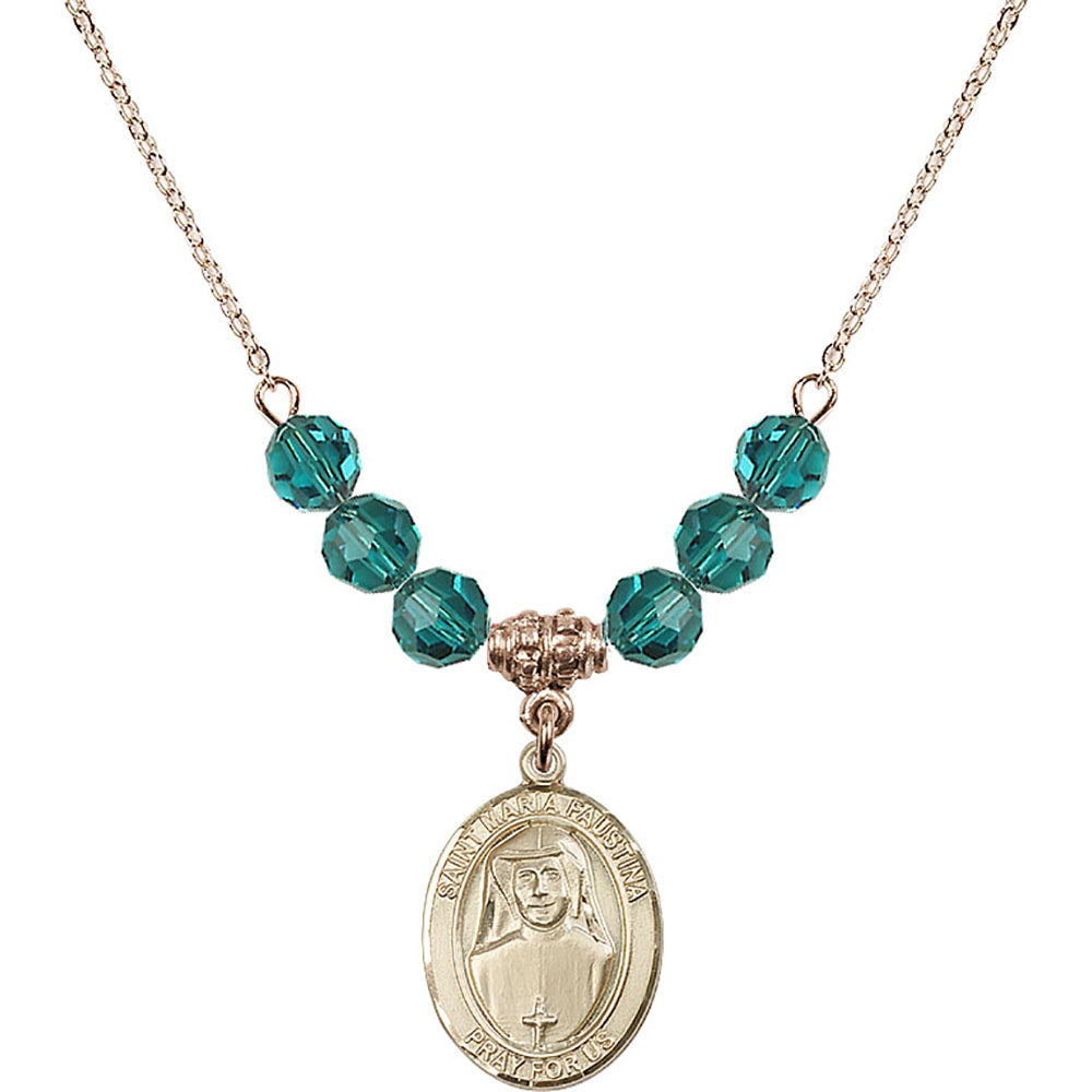 14kt Gold Filled Saint Maria Faustina Birthstone Necklace with Zircon Beads - 8069