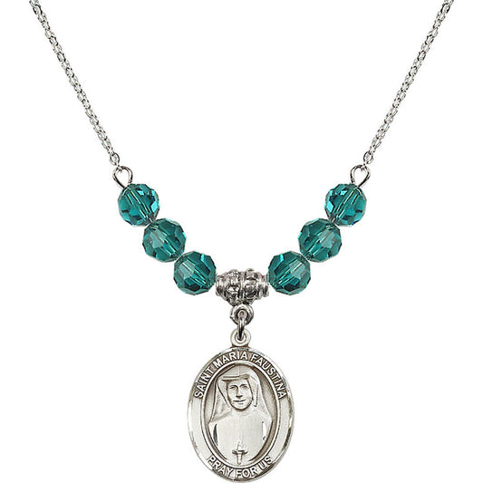 Sterling Silver Saint Maria Faustina Birthstone Necklace with Zircon Beads - 8069