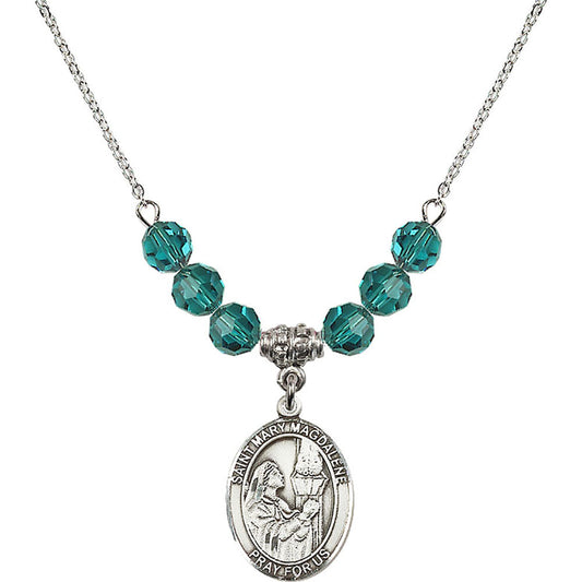 Sterling Silver Saint Mary Magdalene Birthstone Necklace with Zircon Beads - 8071