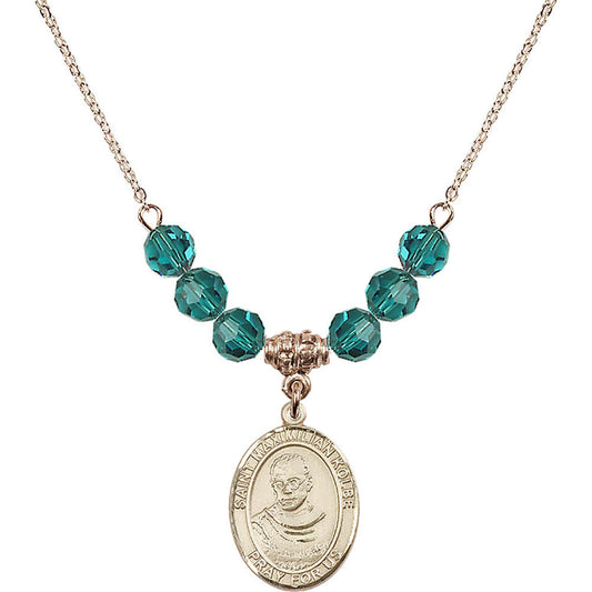 14kt Gold Filled Saint Maximilian Kolbe Birthstone Necklace with Zircon Beads - 8073