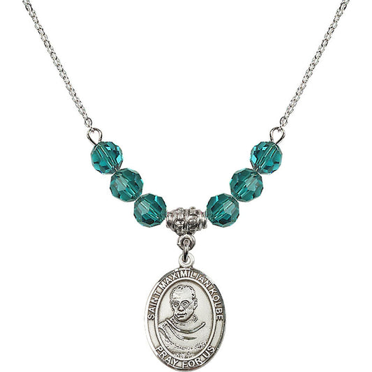 Sterling Silver Saint Maximilian Kolbe Birthstone Necklace with Zircon Beads - 8073