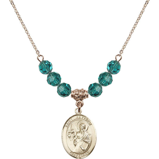 14kt Gold Filled Saint Matthew the Apostle Birthstone Necklace with Zircon Beads - 8074