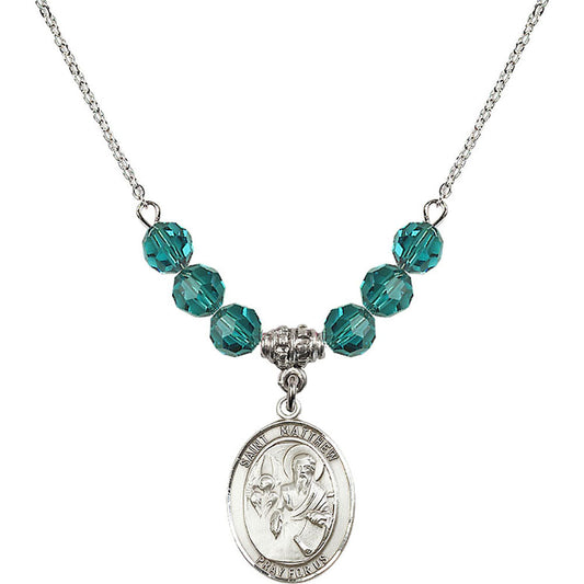 Sterling Silver Saint Matthew the Apostle Birthstone Necklace with Zircon Beads - 8074