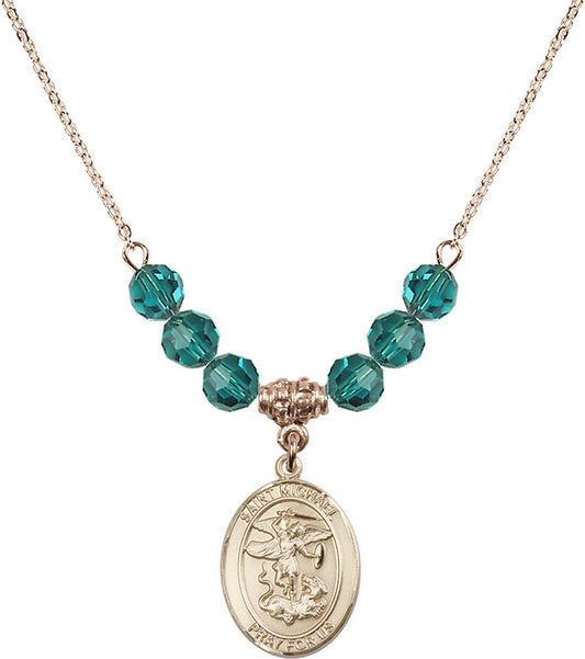 14kt Gold Filled Saint Michael the Archangel Birthstone Necklace with Zircon Beads - 8076