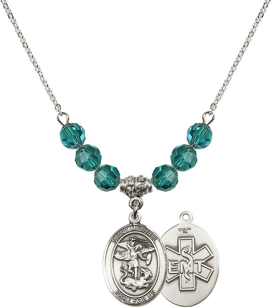 Sterling Silver Saint Michael / EMT Birthstone Necklace with Zircon Beads - 8076