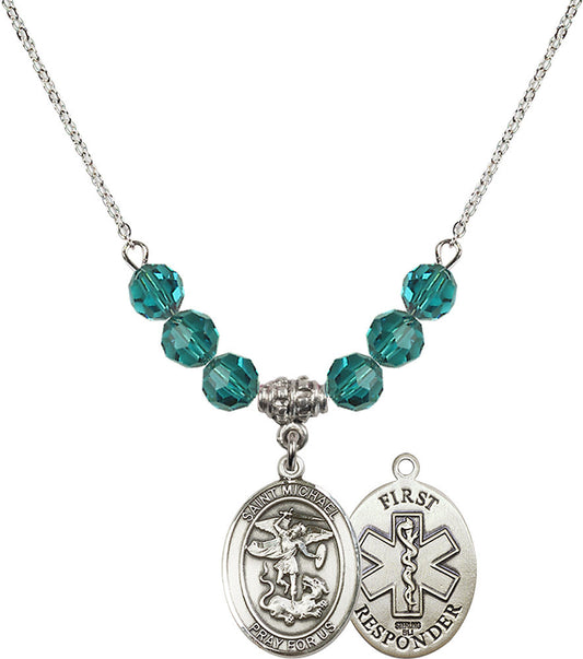 Sterling Silver Saint Michael/1St Responder Birthstone Necklace with Zircon Beads - 8076