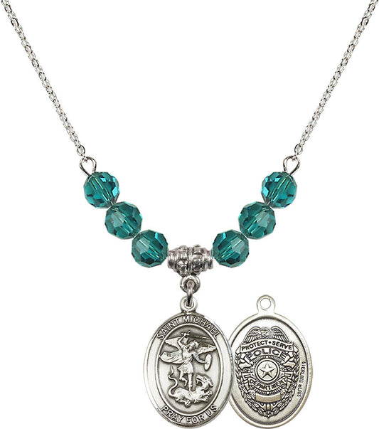Sterling Silver Saint Michael / Policeman Birthstone Necklace with Zircon Beads - 8076