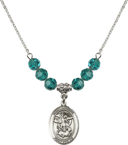 Sterling Silver Saint Michael the Archangel Birthstone Necklace with Zircon Beads - 8076