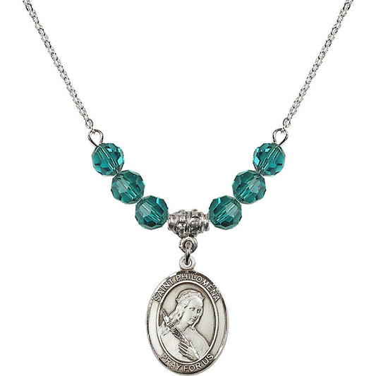 Sterling Silver Saint Philomena Birthstone Necklace with Zircon Beads - 8077