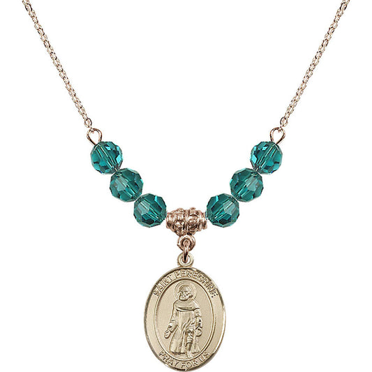 14kt Gold Filled Saint Peregrine Laziosi Birthstone Necklace with Zircon Beads - 8088