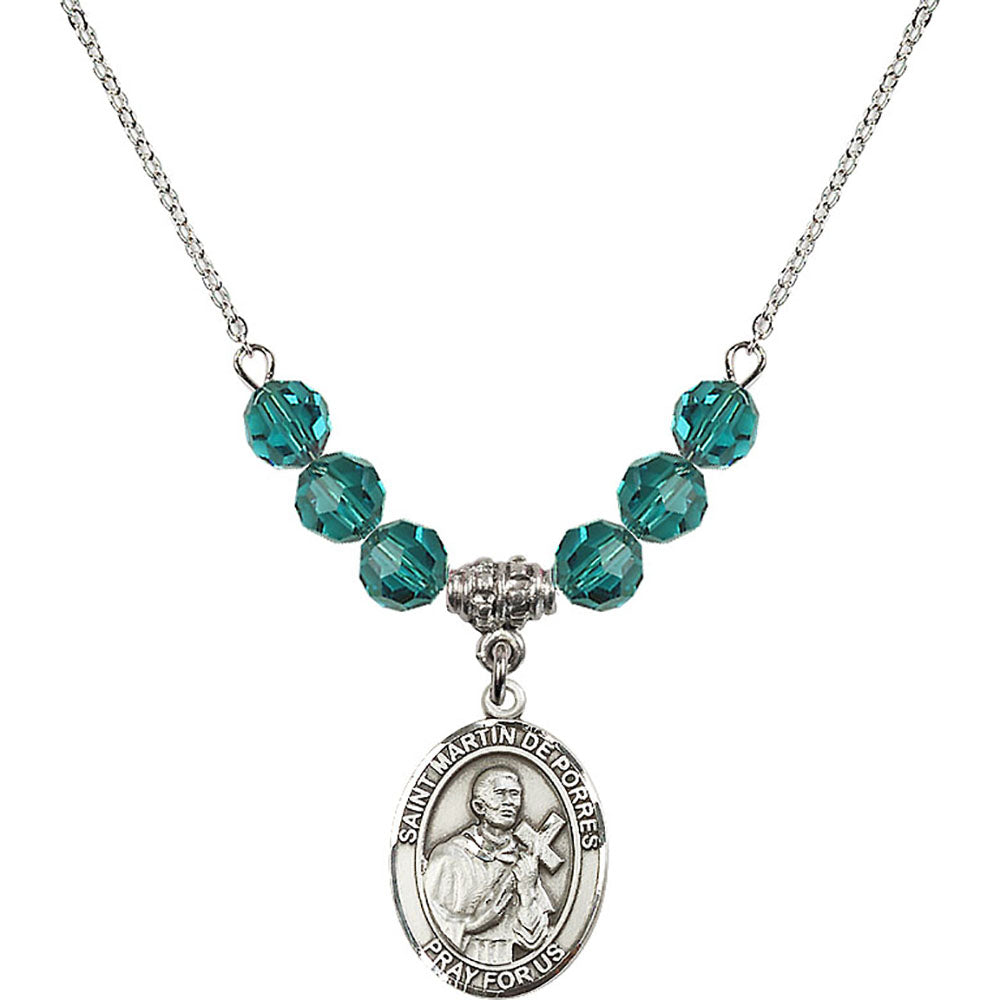 Sterling Silver Saint Martin de Porres Birthstone Necklace with Zircon Beads - 8089