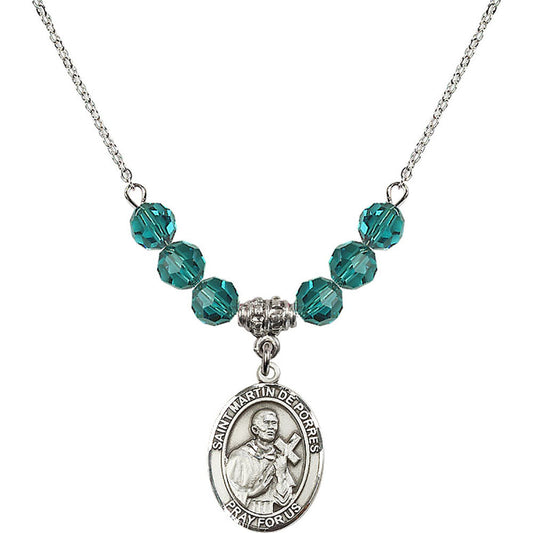 Sterling Silver Saint Martin de Porres Birthstone Necklace with Zircon Beads - 8089