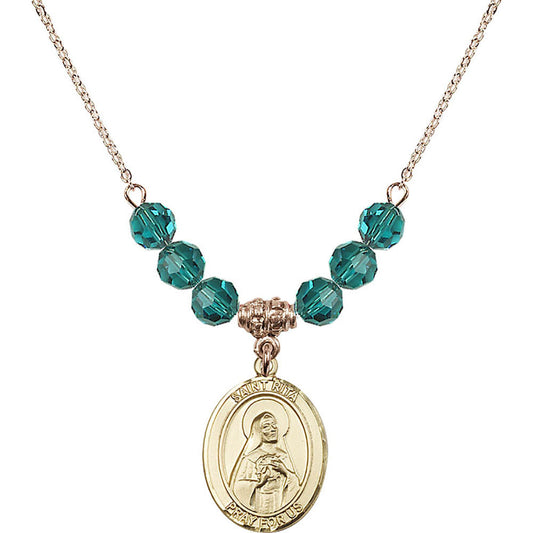14kt Gold Filled Saint Rita of Cascia Birthstone Necklace with Zircon Beads - 8094