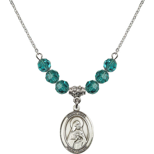 Sterling Silver Saint Rita of Cascia Birthstone Necklace with Zircon Beads - 8094