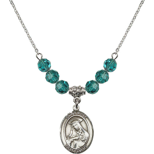 Sterling Silver Saint Rose of Lima Birthstone Necklace with Zircon Beads - 8095