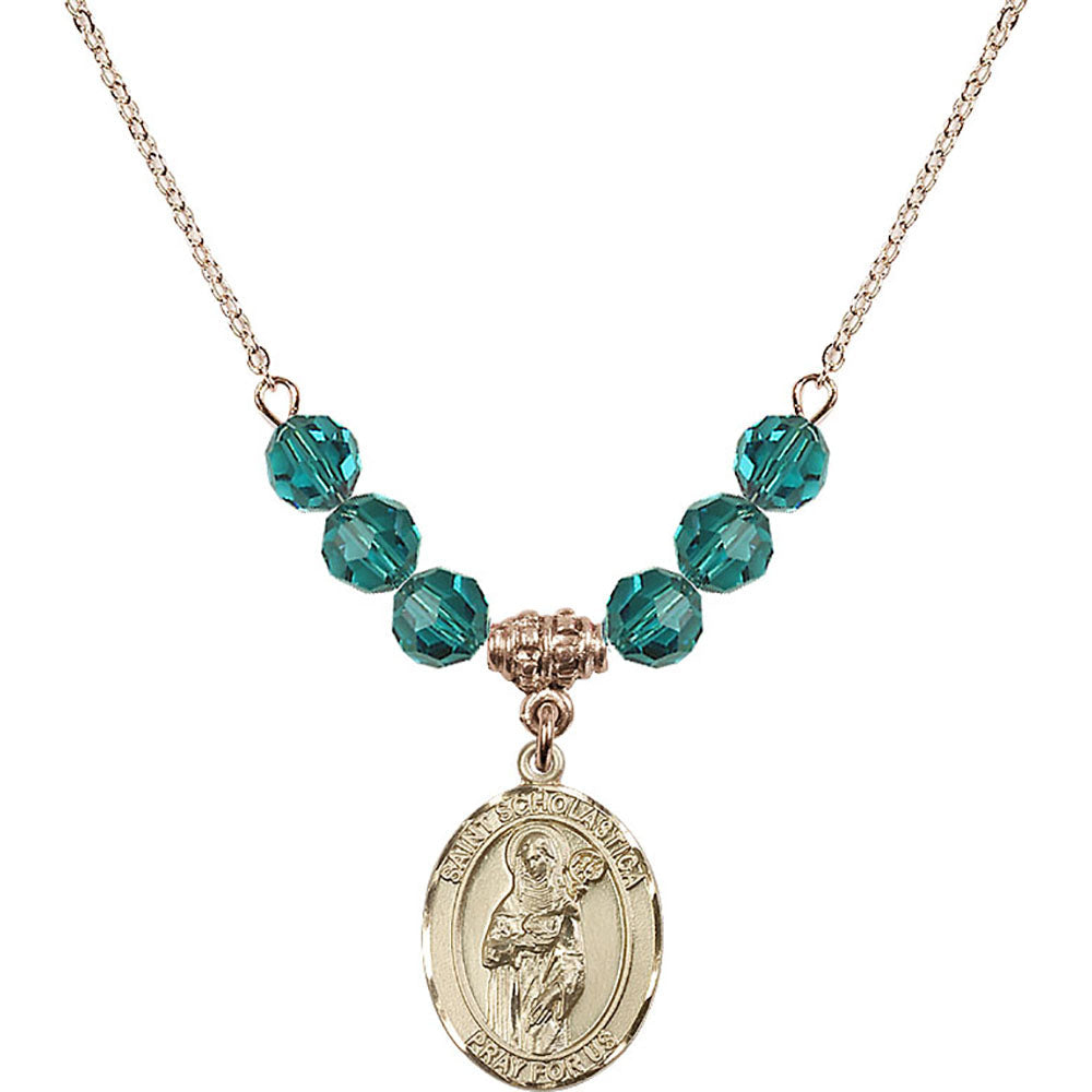 14kt Gold Filled Saint Scholastica Birthstone Necklace with Zircon Beads - 8099