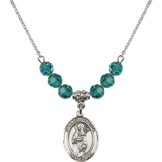 Sterling Silver Saint Scholastica Birthstone Necklace with Zircon Beads - 8099